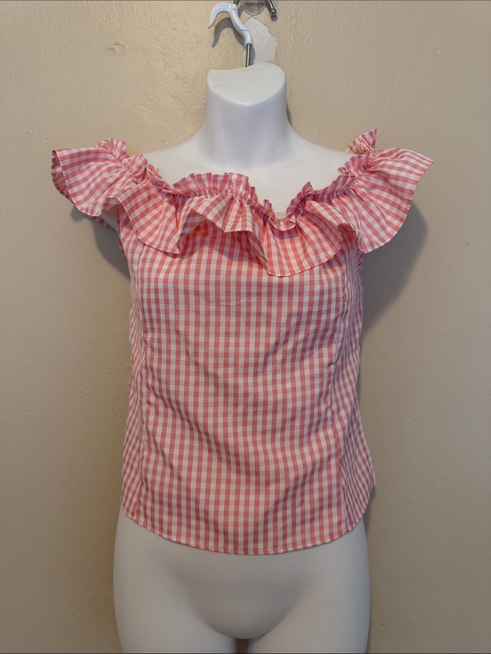 Pink Gingham Ruffle Off-Shoulder Blouse